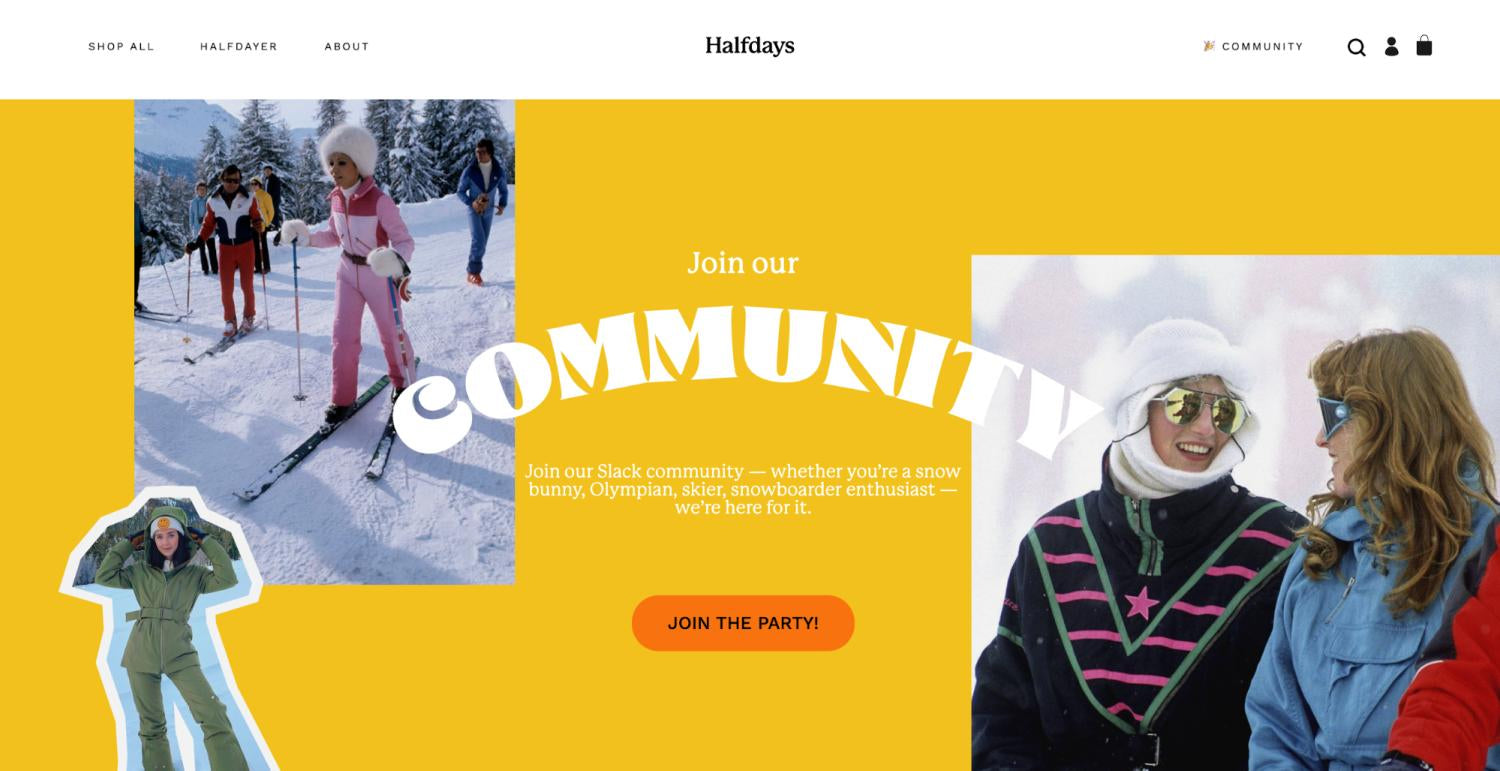 Imagens de mulheres a esquiar e conversar numa página da Halfdays focada na comunidade.