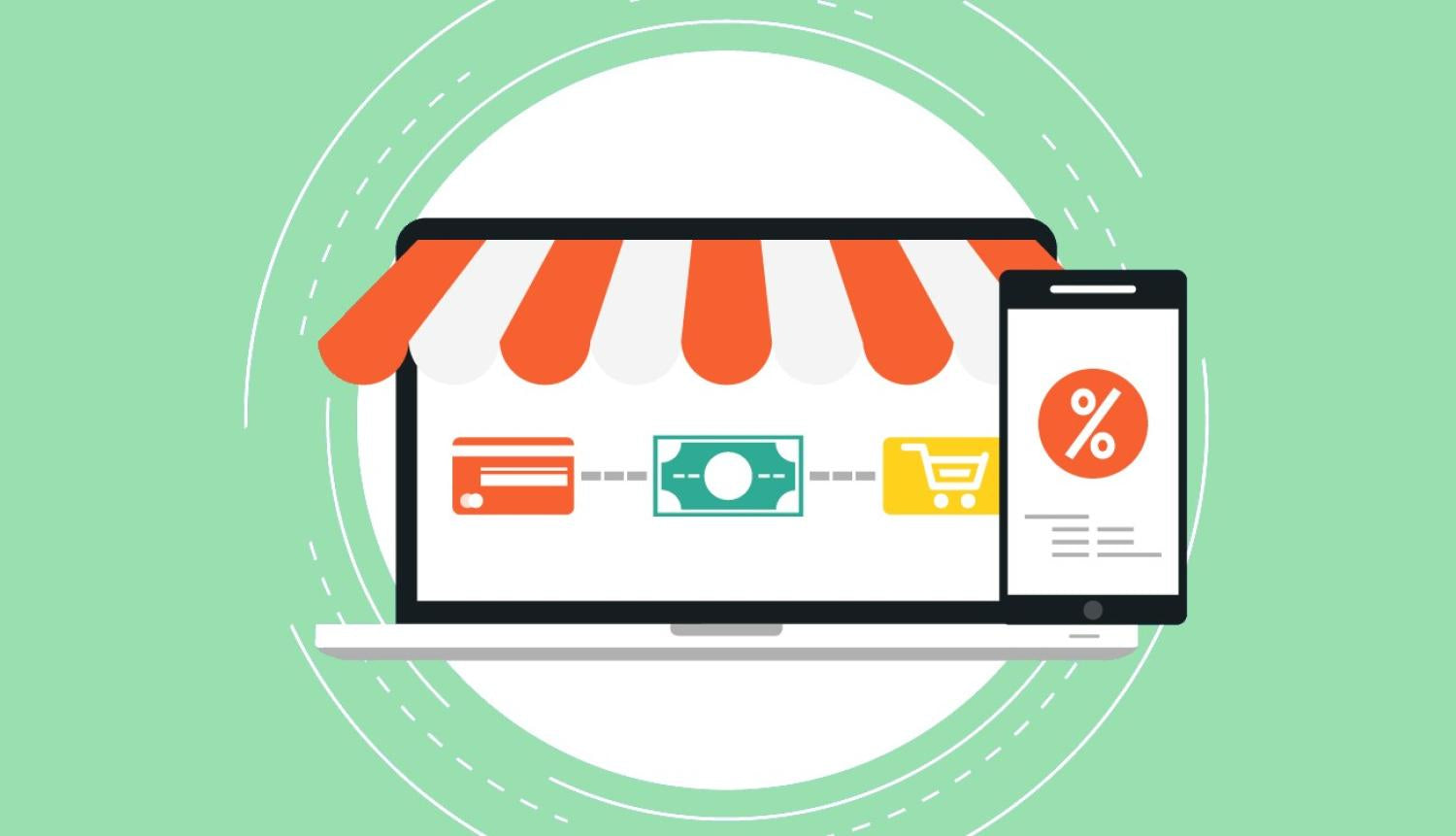 ilustração de um computador com um toldo de uma loja e um smartphone a mostrar um símbolo de percentagem.