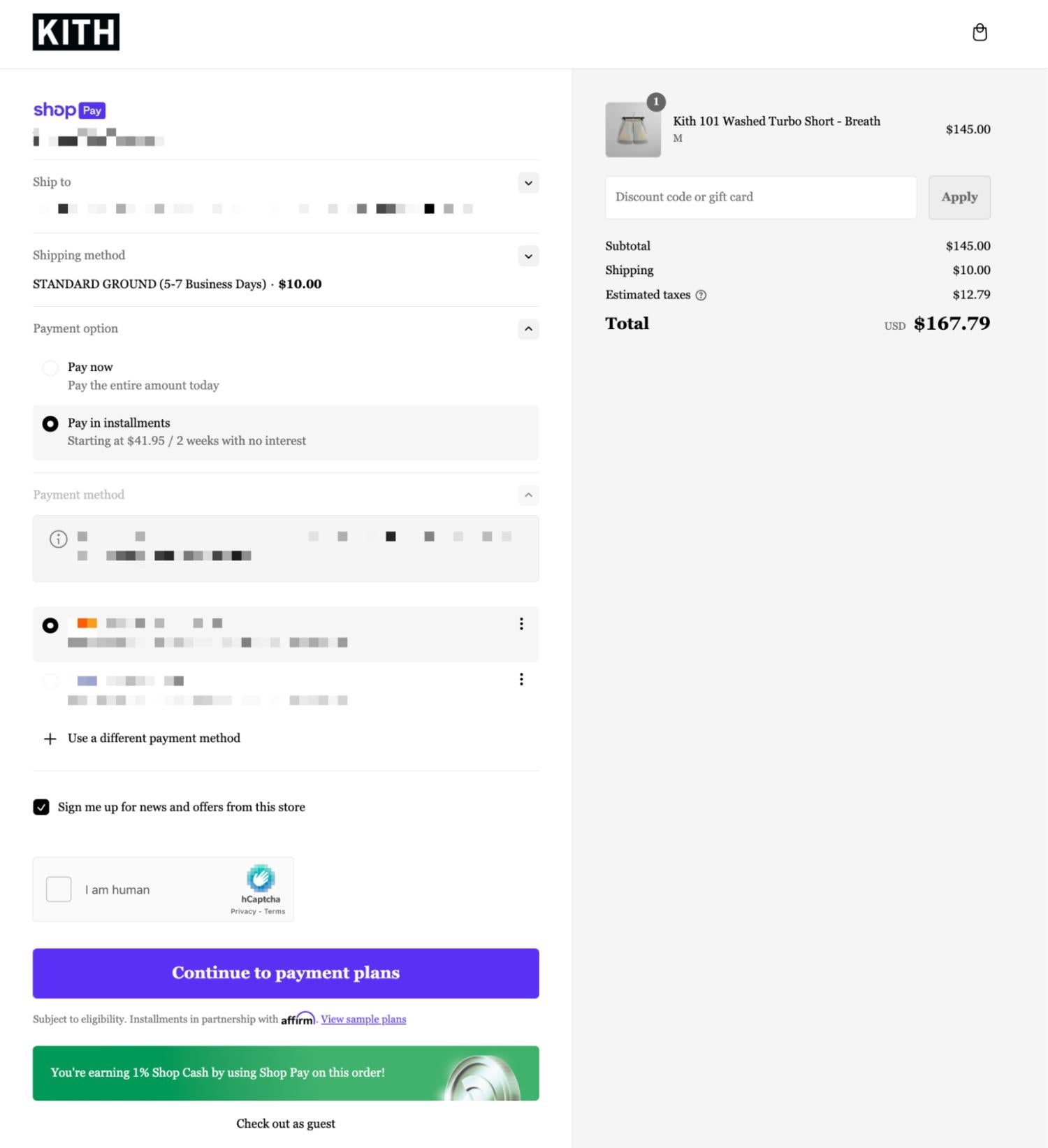 página de check-out da Kith com opções de envio, métodos de pagamento e o resumo total da encomenda.