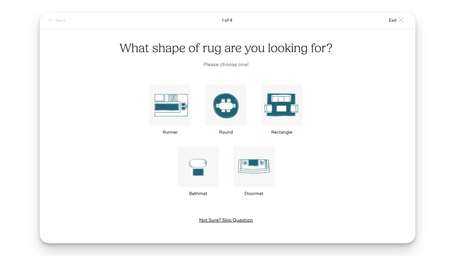 ecrã a mostrar várias formas de tapetes, incluindo opções de corredor, redondo e retângulo.