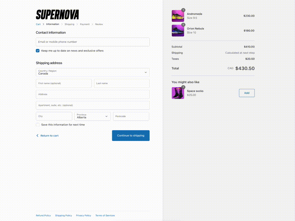 check-out Shopify personalizado da supernova.