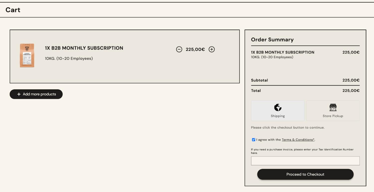 página do carrinho com produtos à esquerda e o resumo da encomenda com opções de envio e levantamento na loja à direita