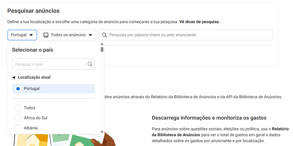 captura de ecrã para aprender a filtrar anúncios por país na Biblioteca de Anúncios da Meta