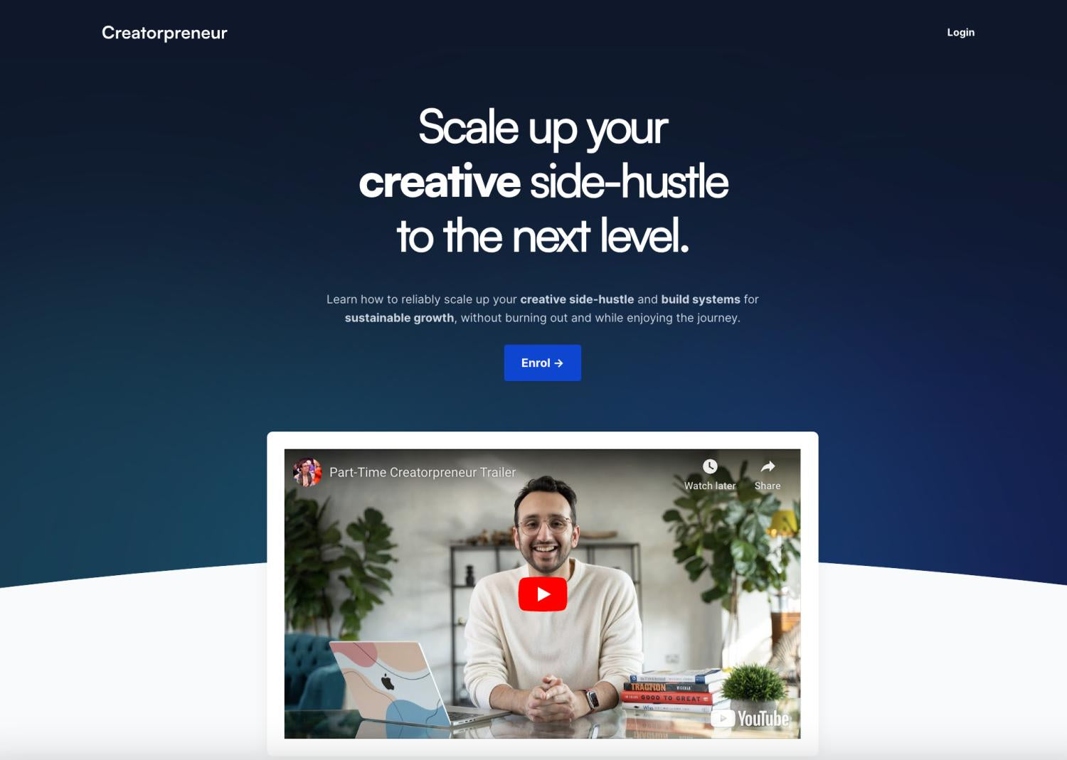 Landing page do Creatorpreneur com um vídeo do criador explicando o curso.