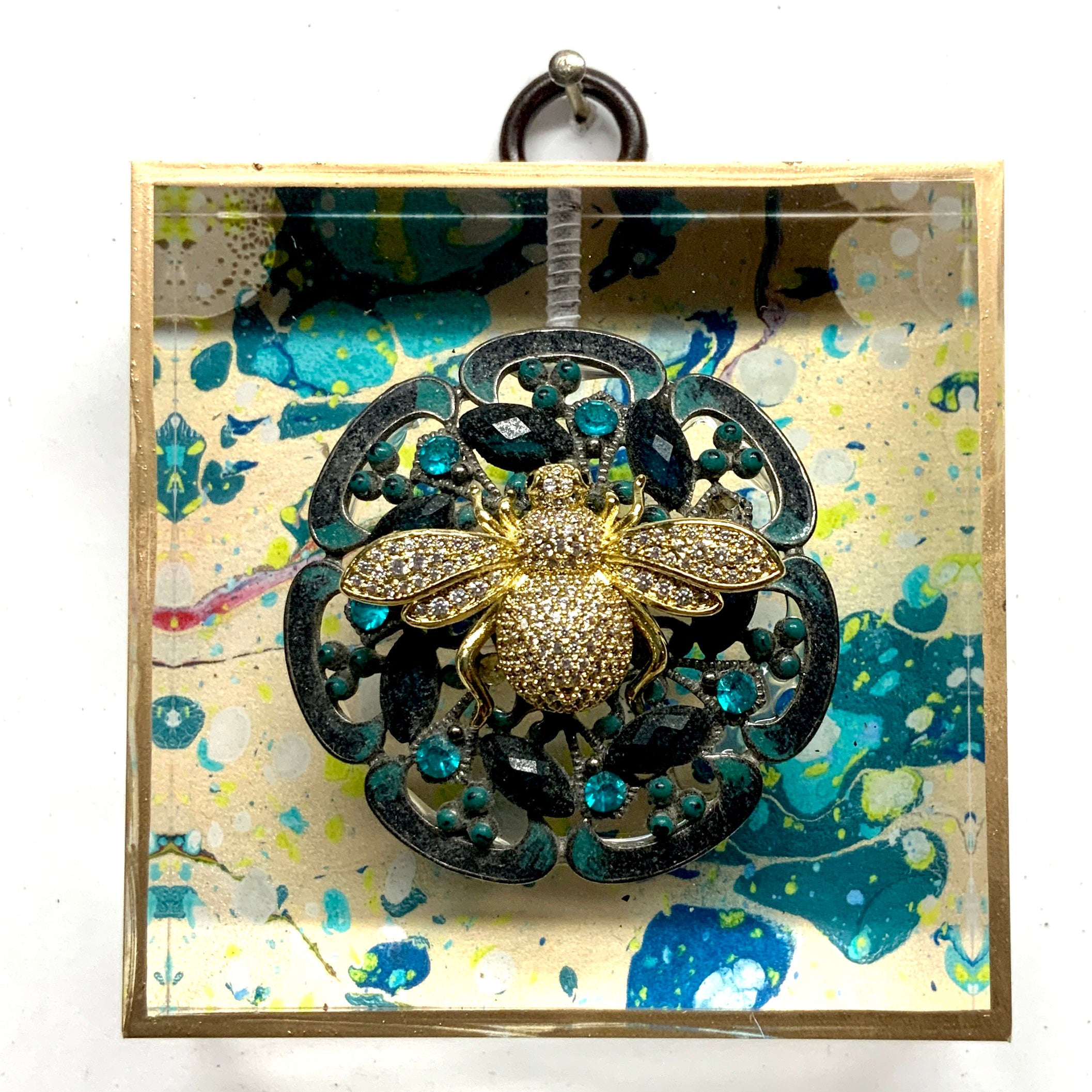 Acrylic Frame with Sparkle Bee and Brooch on Marbled Paper / Slight Imperfections (3" wide)