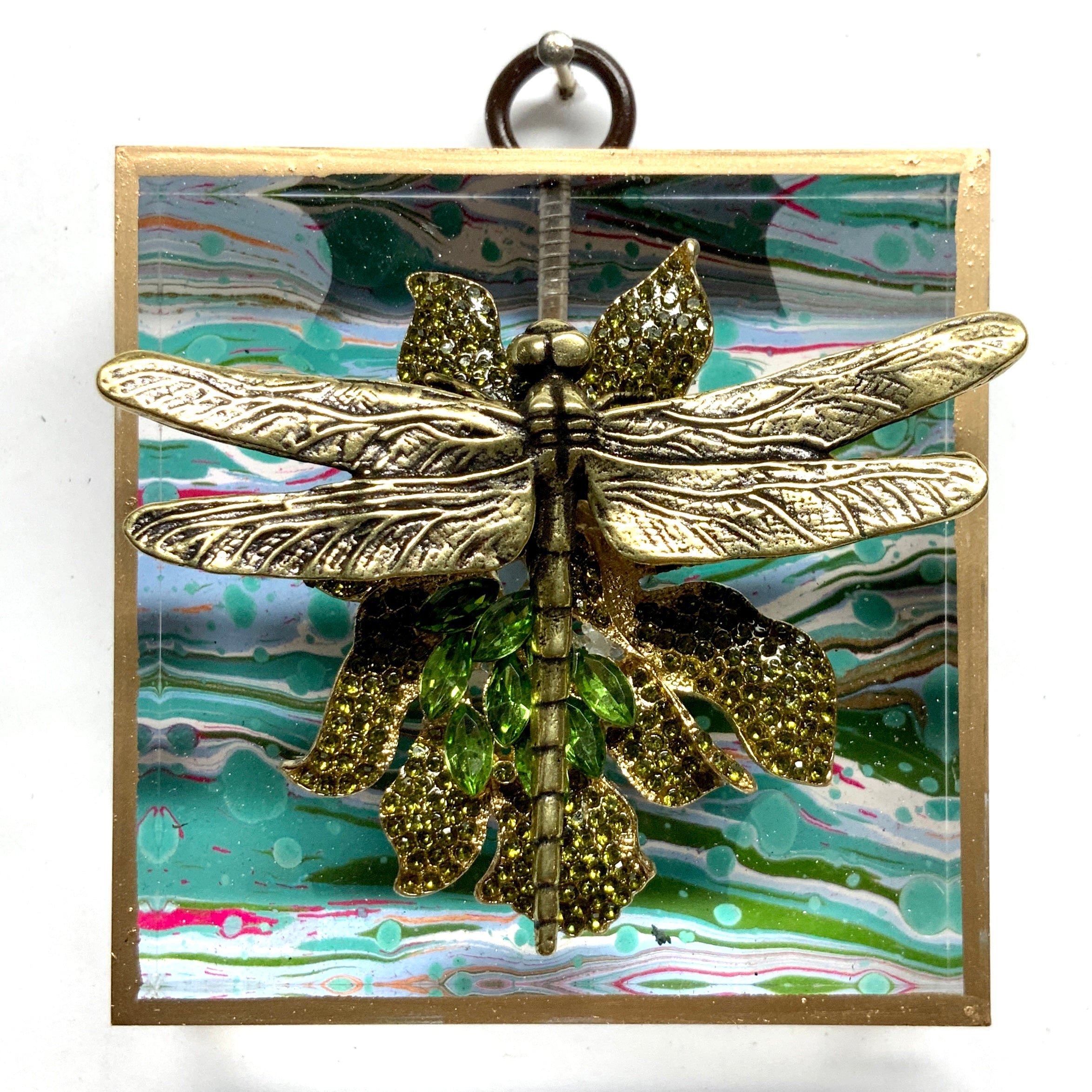 Acrylic Frame with Dragonfly on Marbled Paper / Slight Imperfections (3" wide)