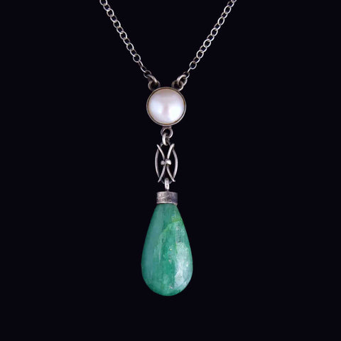 Sterling Silver Art Deco Natural Emerald Cultured Pearl Necklace - Boylerpf