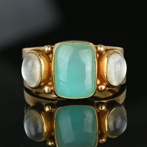 14K Gold Green Chrysoprase Cabochon Moonstone Ring - Boylerpf