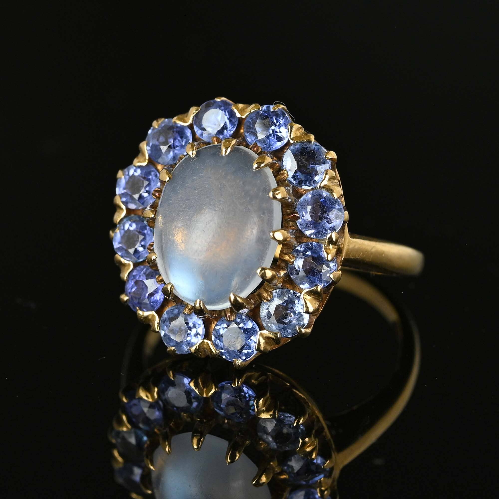 Antique Blue Sapphire Halo Moonstone Ring in Gold – Boylerpf