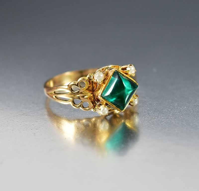 Art Deco Sugarloaf Emerald Paste Pearl Gold Ring – Boylerpf