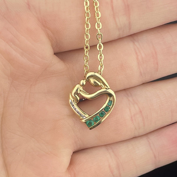 Vintage 10K Gold Emerald Diamond Heart Pendant Necklace - Boylerpf