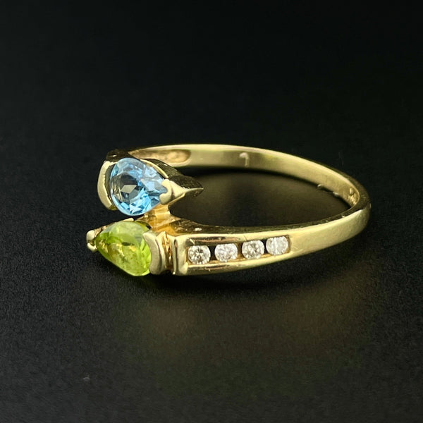 Vintage 10K Gold Aquamarine Peridot Diamond Bypass Ring, Sz 6 3/4 - Boylerpf