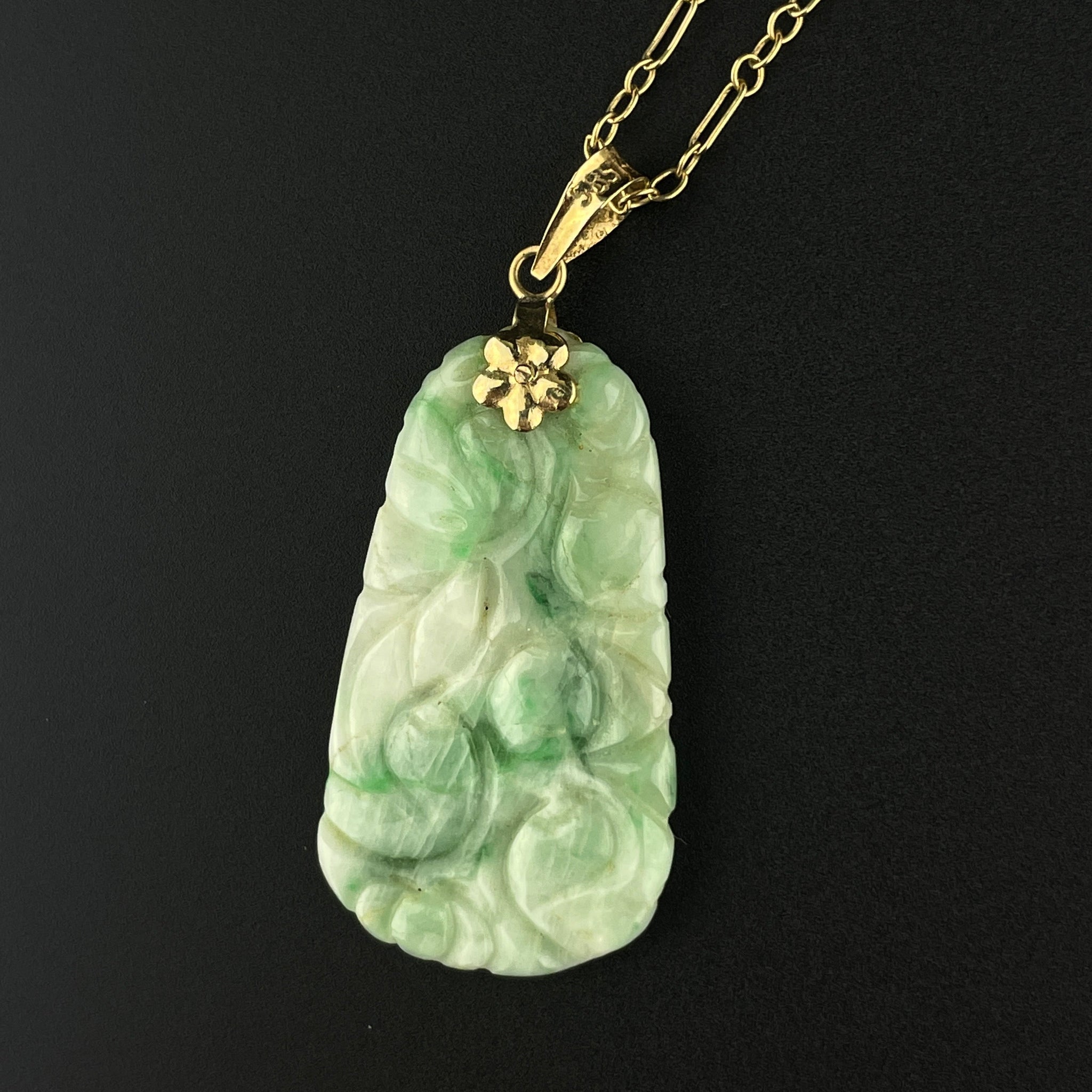 14K Gold Carved Green and White Jade Pendant Necklace – Boylerpf