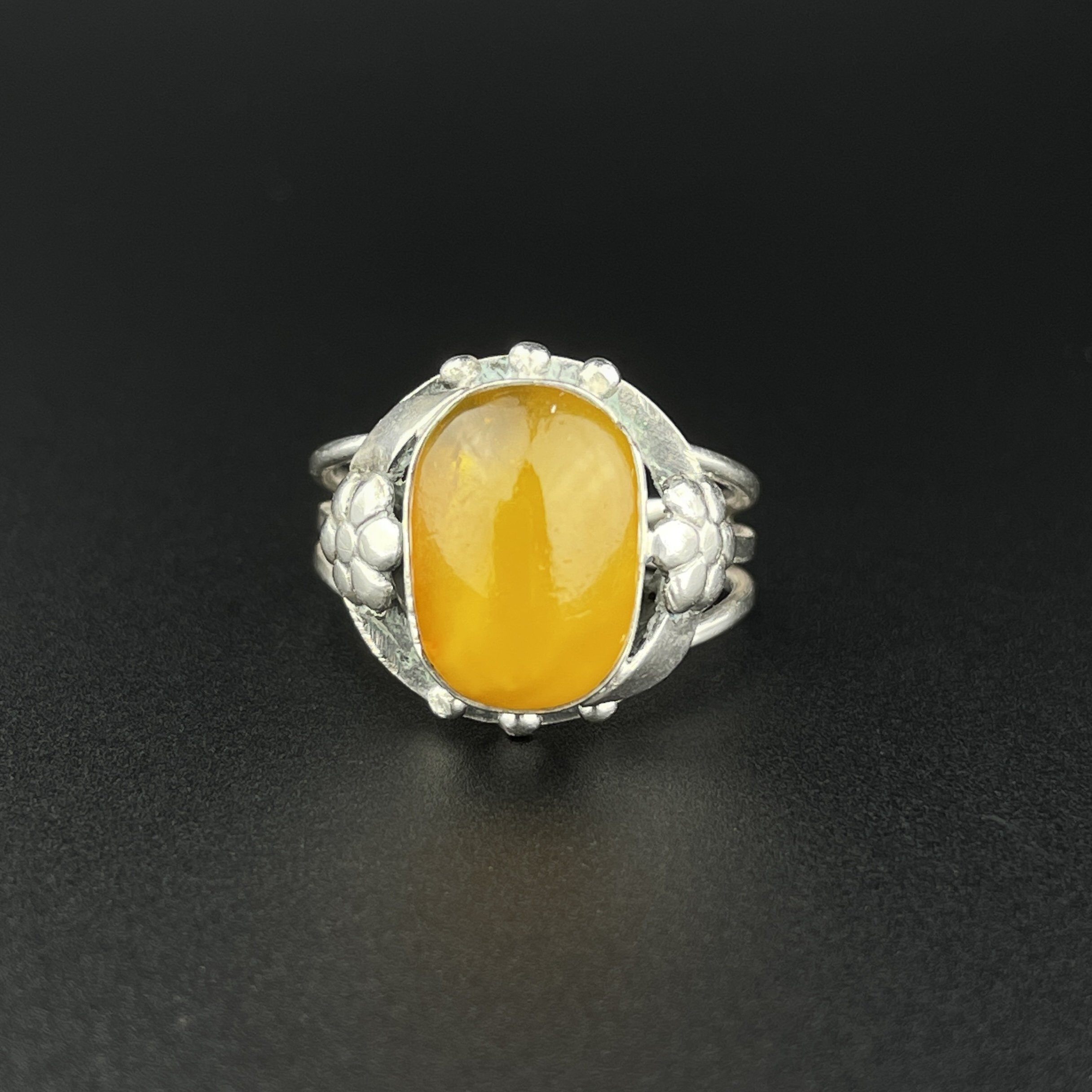 ON HOLD Silver Art Nouveau Butterscotch Amber Cabochon Ring, Sz 8 ...