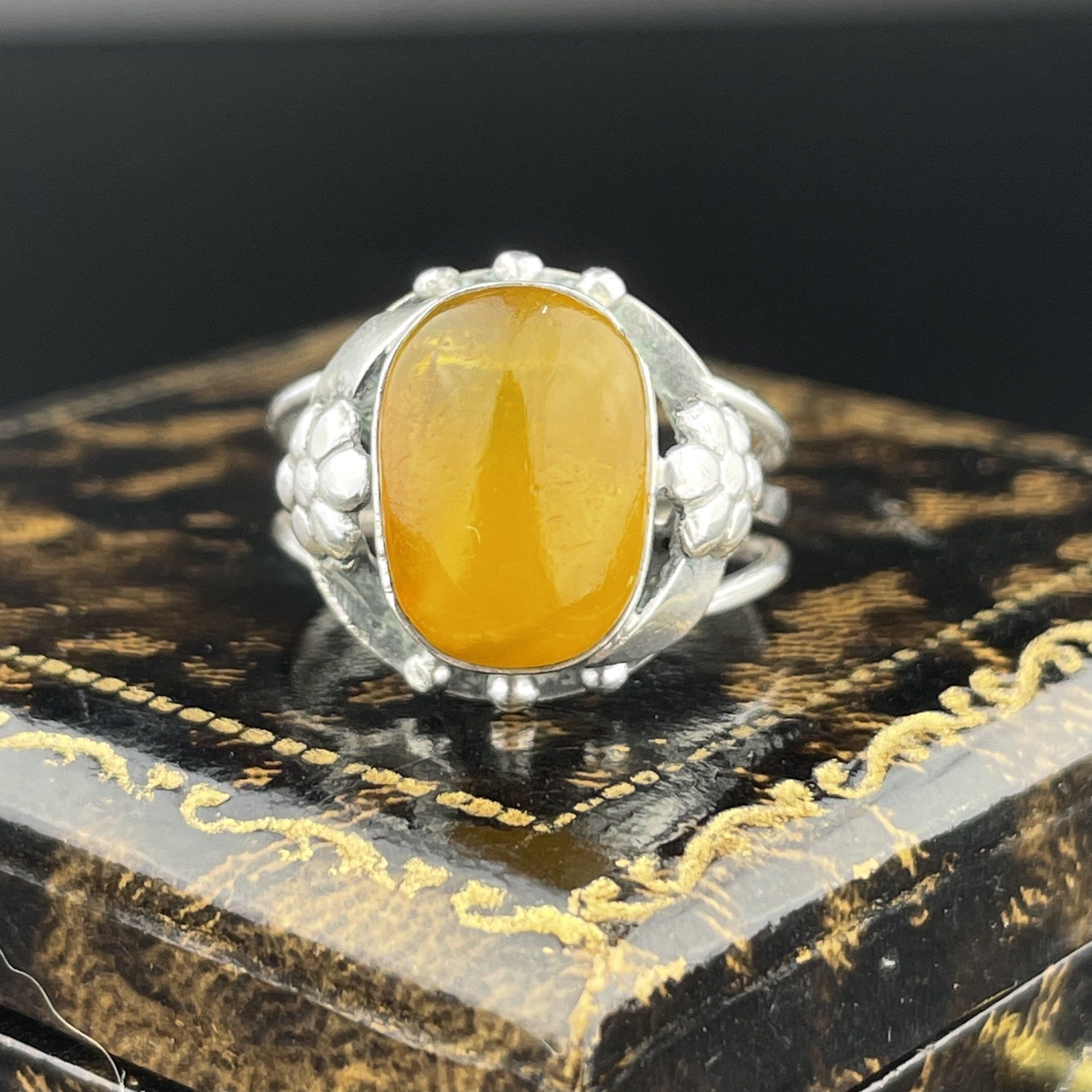 ON HOLD Silver Art Nouveau Butterscotch Amber Cabochon Ring, Sz 8 ...