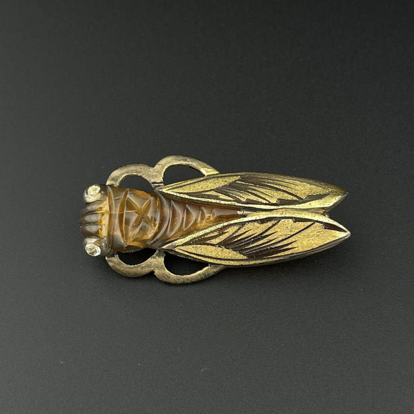 Vintage Art Deco Carved Horn Cicada Bug Brooch - Boylerpf