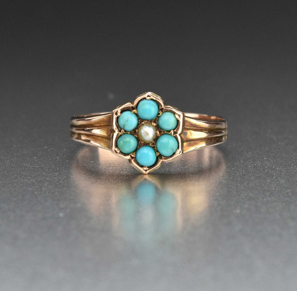 Gold Victorian Turquoise Pearl Flower Cluster Ring Boylerpf