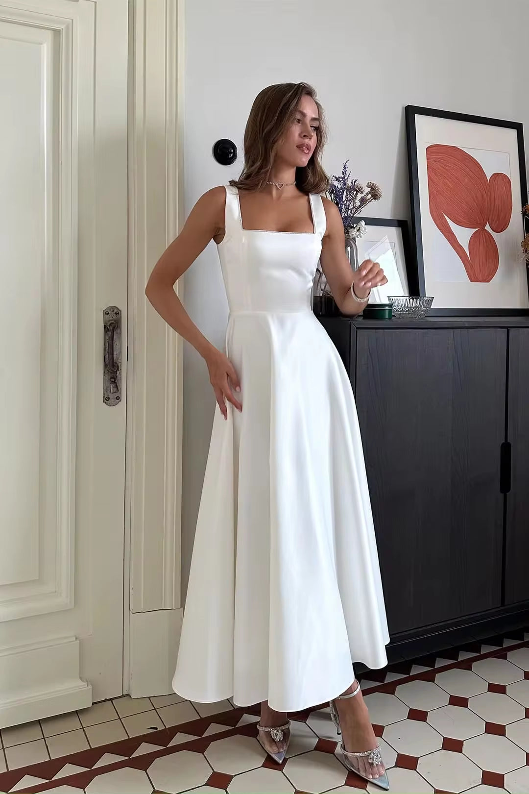 Stylish Satin Square Neck Swing Evening Dress - Image 5