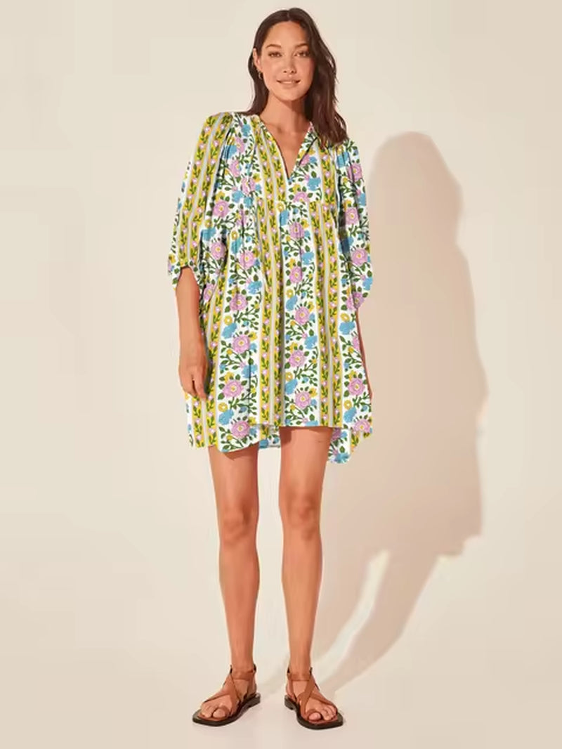 Floral Print Lantern Sleeve Lace-Up V-Neck Dress - Image 12