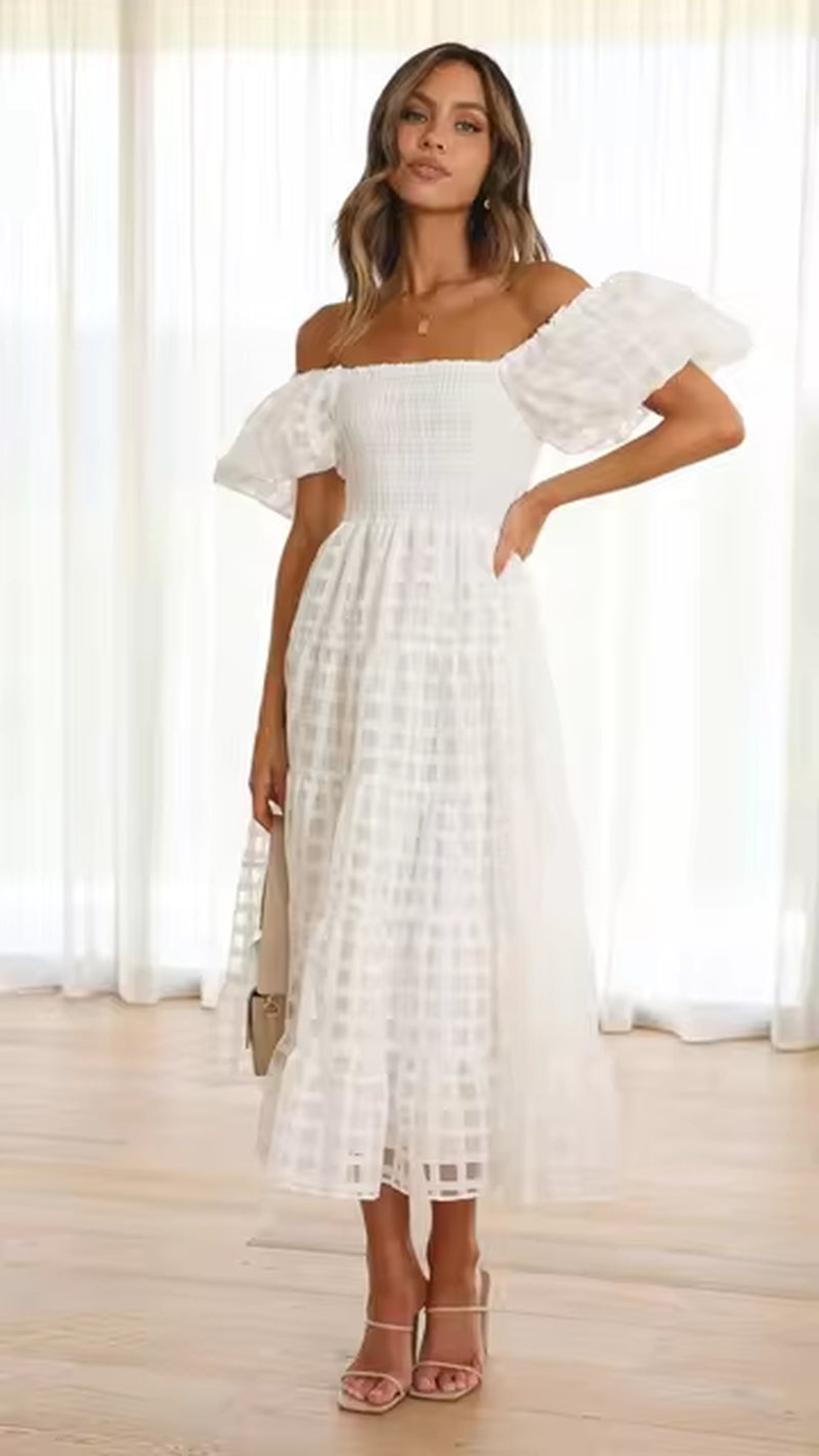 Off Shoulder Chiffon Bubble Sleeve Swing Dress for Women - Image 10