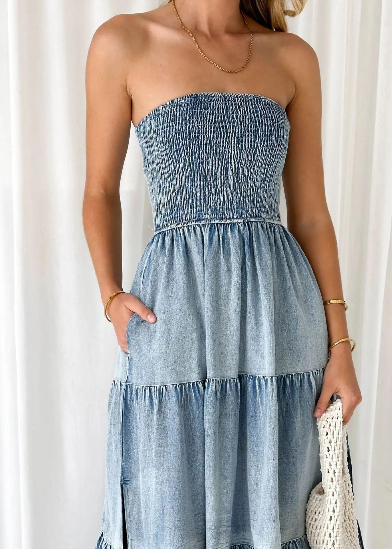 Elegant Strapless Long Summer Dress with Side Split - Image 3