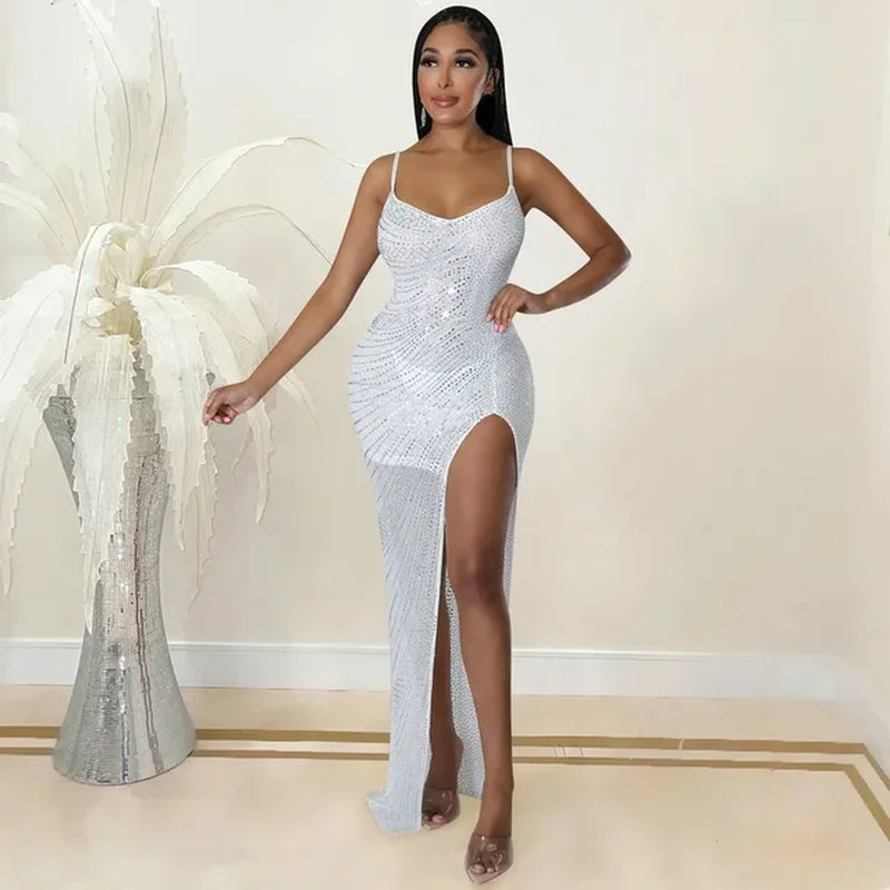 Glamorous High Slit Sheer Maxi Dress with Rhinestones - Image 7