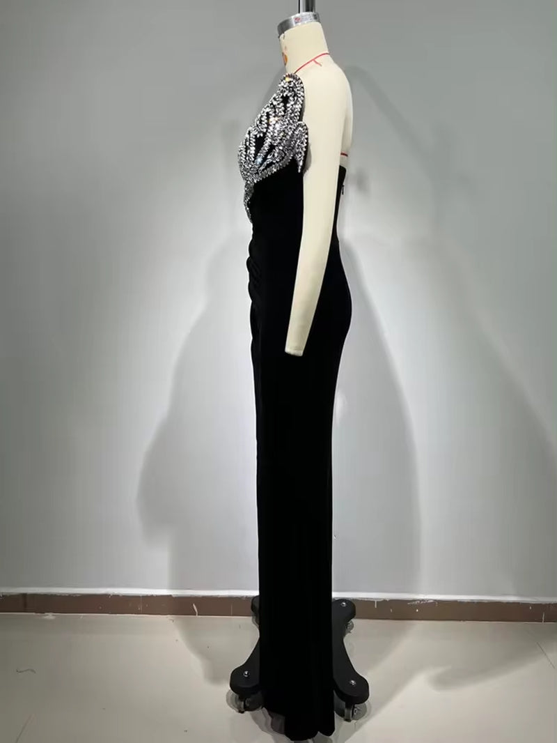 Elegant Strapless Black Velvet Maxi Dress with Beading - Image 5