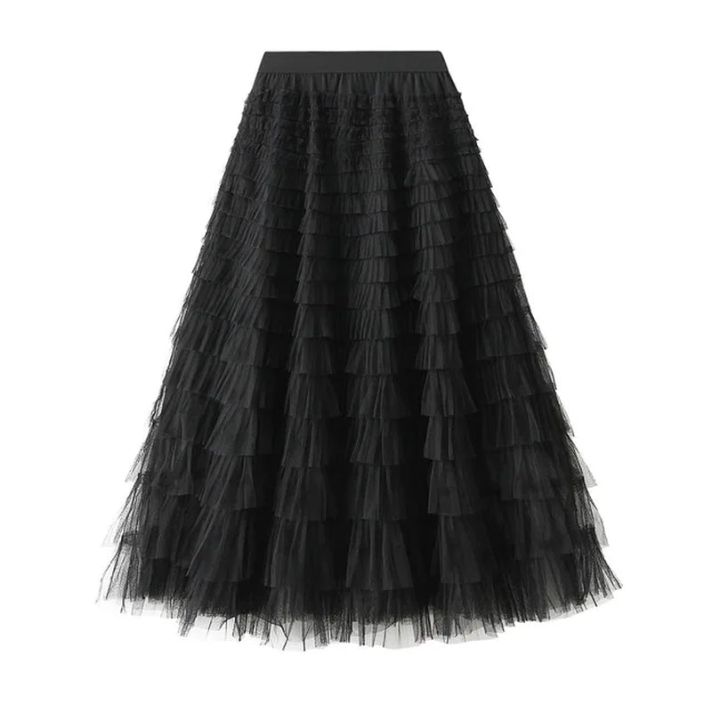 Ruffled Mesh Pleated Long Skirt for Women - Image 12
