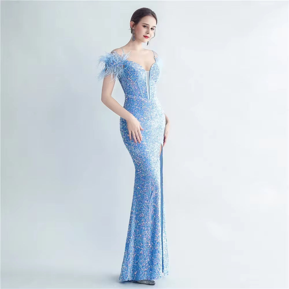 Off-Shoulder Sequin Corset Dress with Ostrich Feathers - Image 7