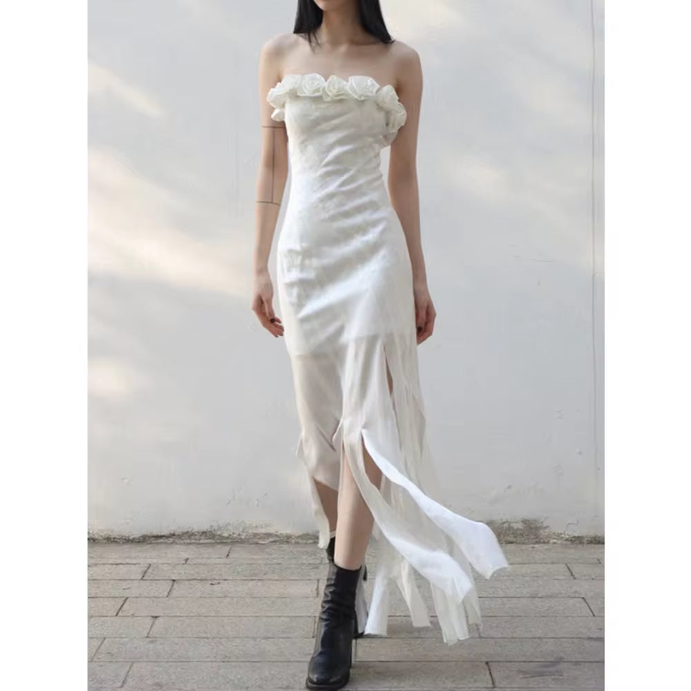 Three-Dimensional Rose Tube Dress with Irregular Ribbons - Image 8