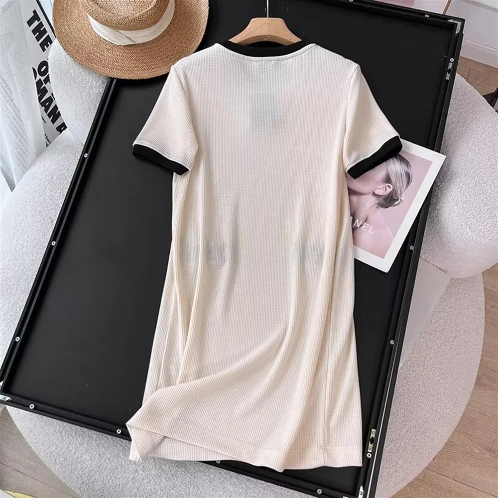 Summer Women's Contrast Color Splicing Round Neck Dress - Image 5