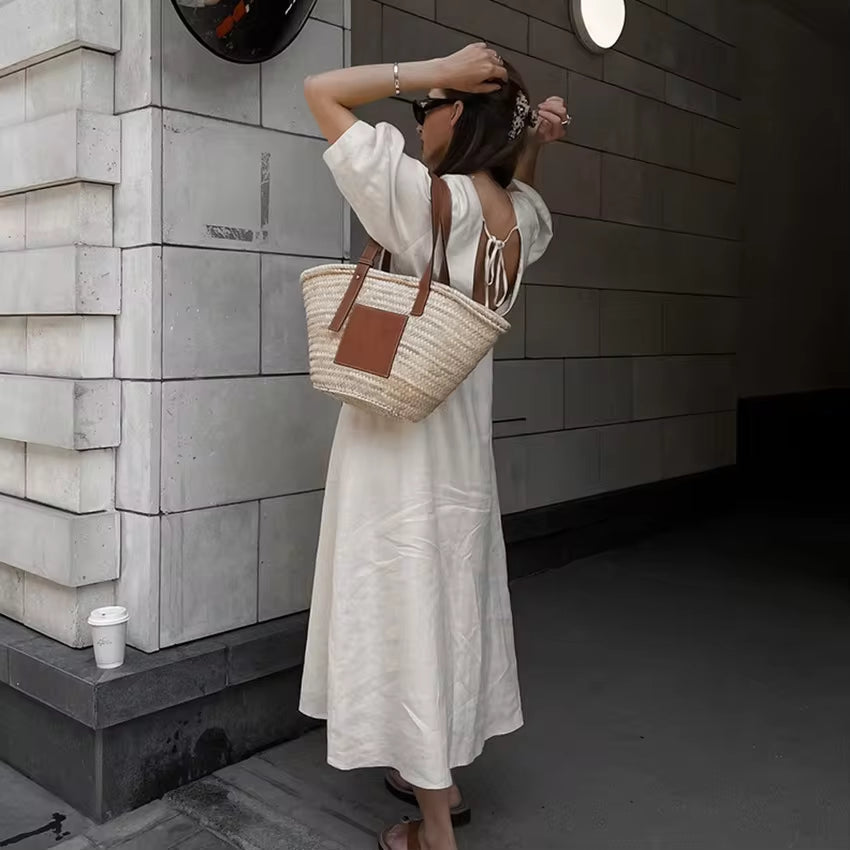 Womenâ€™s Summer Backless Beige Cotton-Linen Bubble Sleeve Dress - Image 4