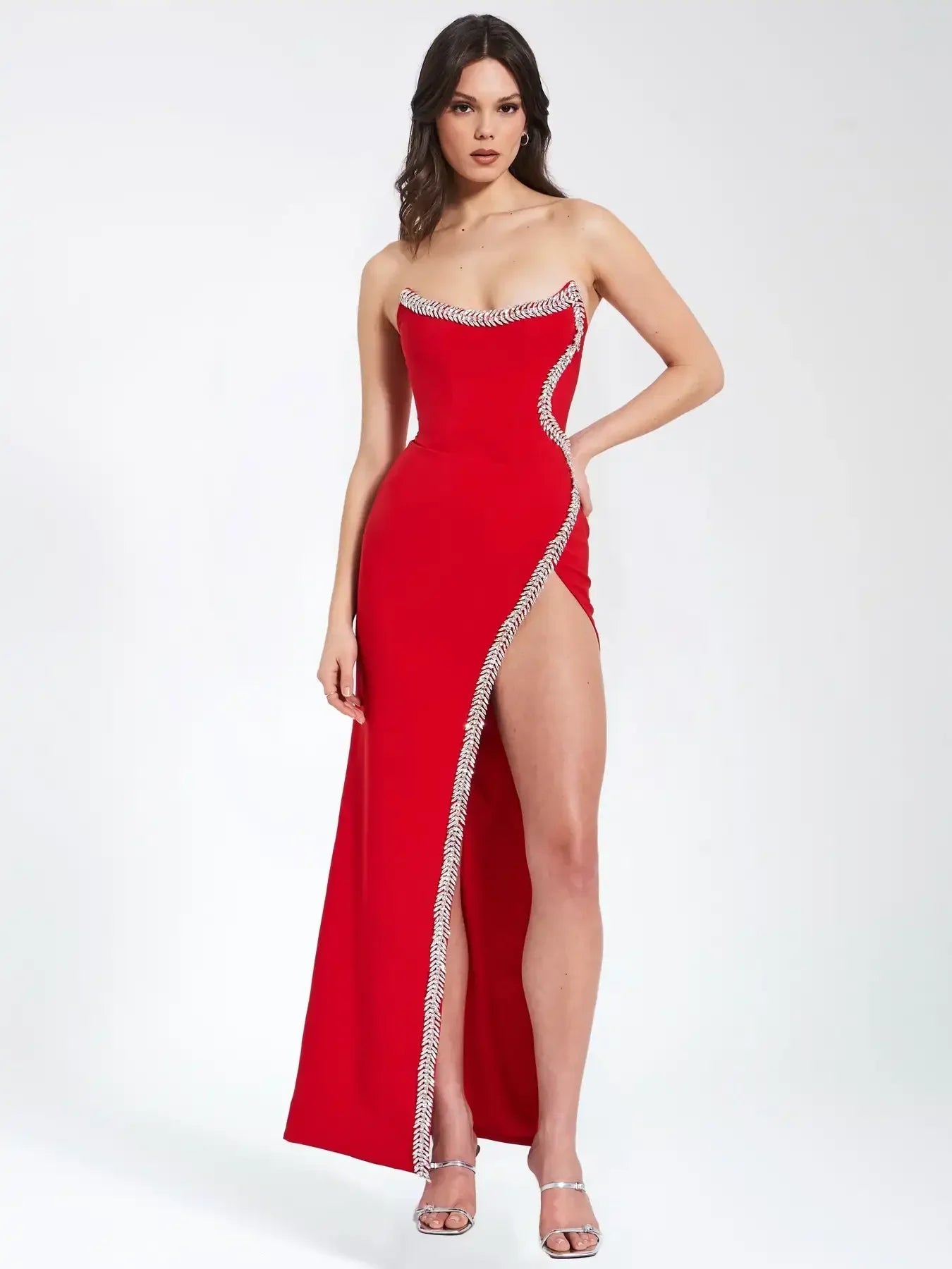 Red Strapless Diamond-Line Bodycon Dress with High Split - Image 5