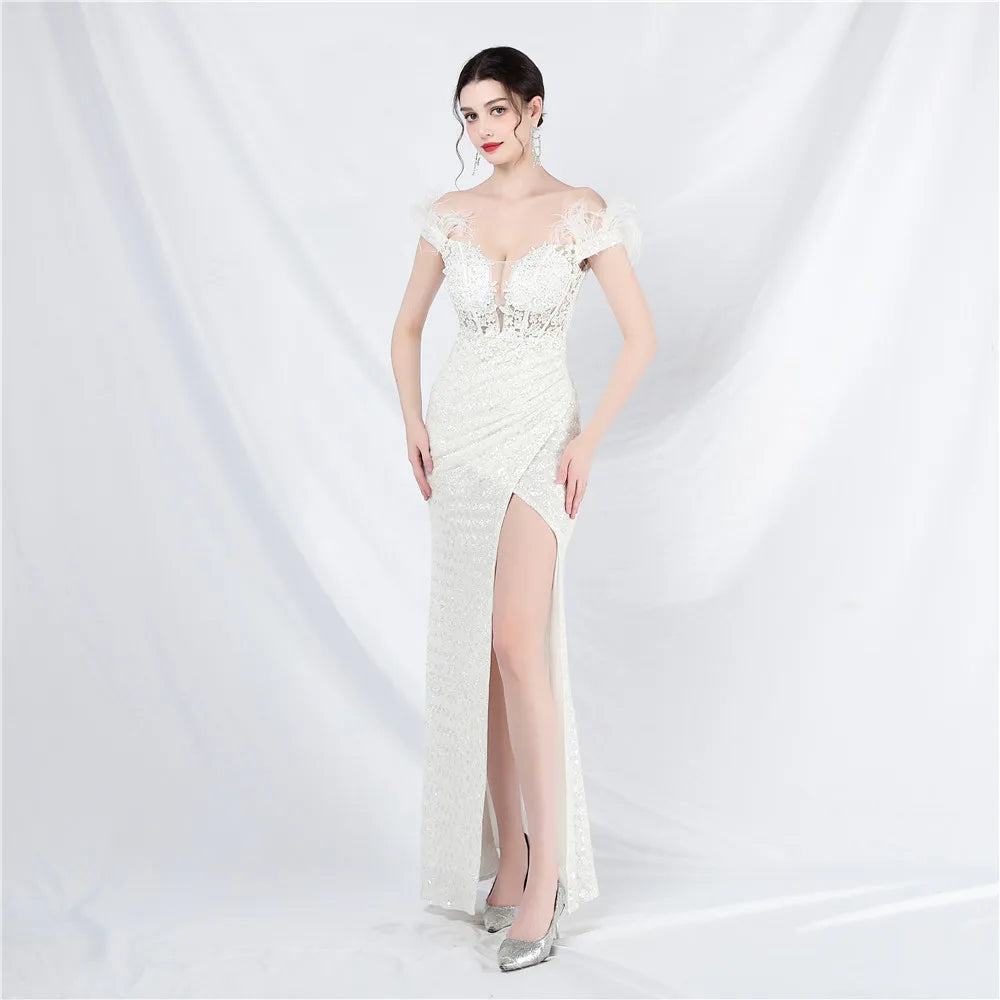 Elegant Off-Shoulder Sequin Maxi Dress with High Split - Image 3