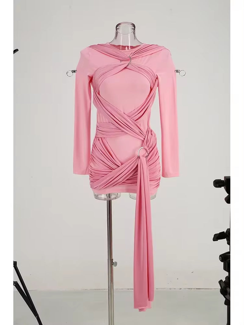 Pink Long Sleeve Bodycon Mini Dress for Parties - Image 7
