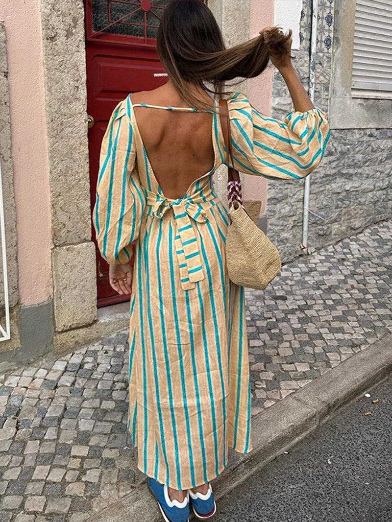 Elegant Striped Maxi Dress with Backless Design for Women - Image 5