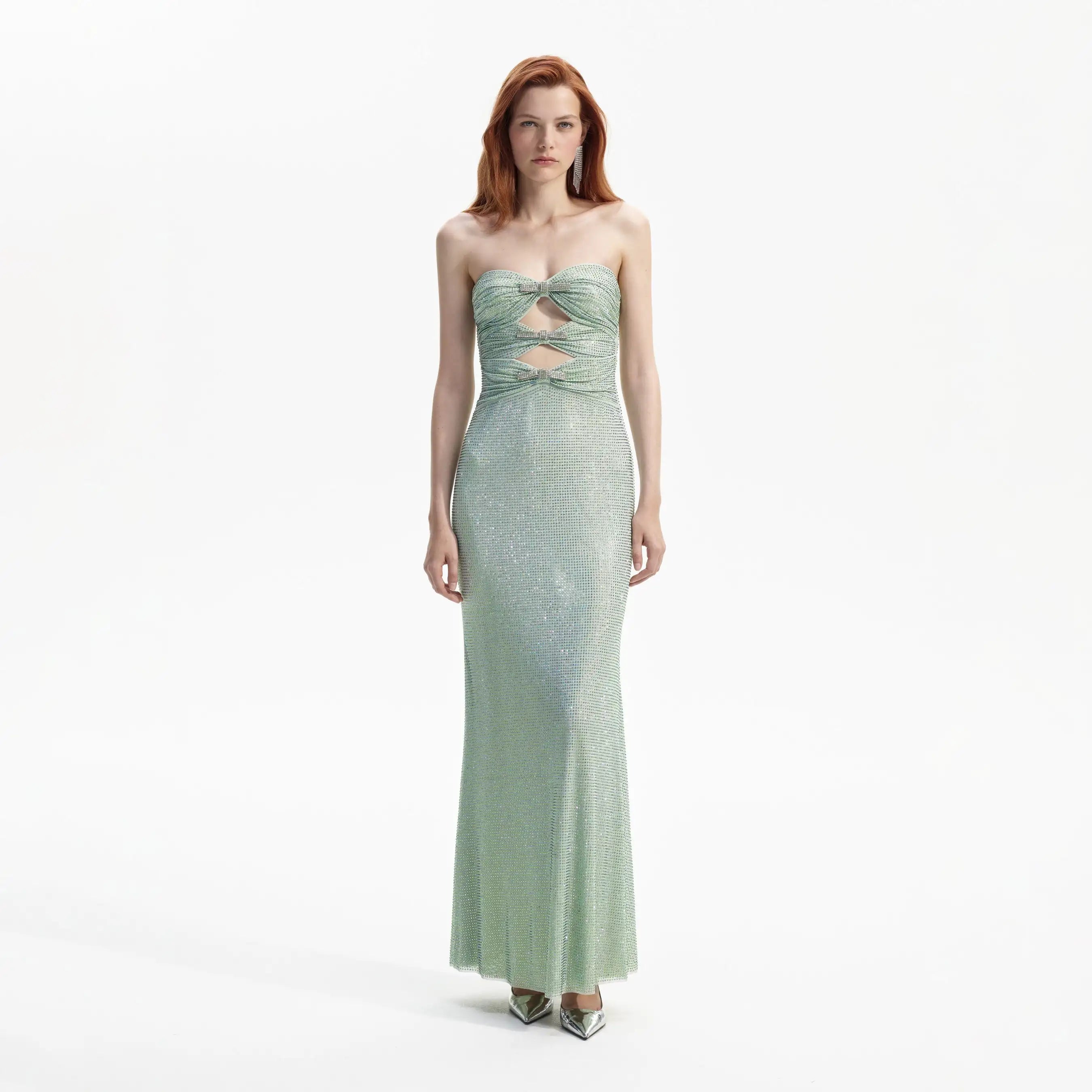 Elegant Mint Rhinestone Strapless Mermaid Maxi Dress - Image 7