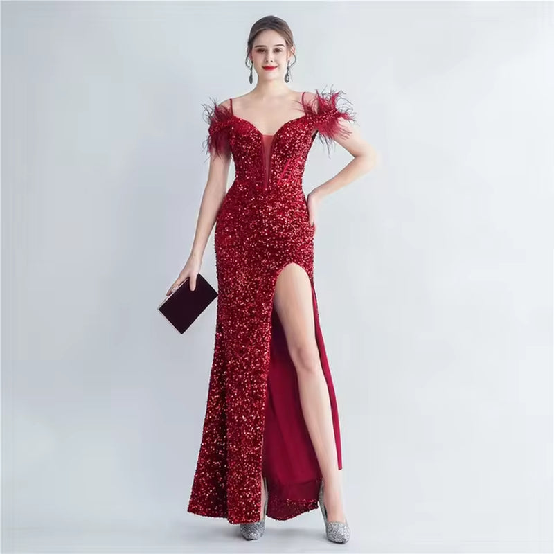 Off-Shoulder Sequin Corset Dress with Ostrich Feathers - Image 13