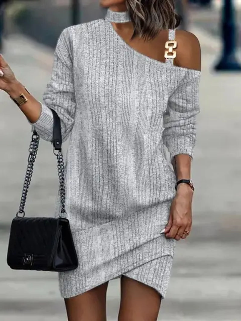 Stylish Diagonal Collar Long Sleeve Mini A-Line Dress - Image 7