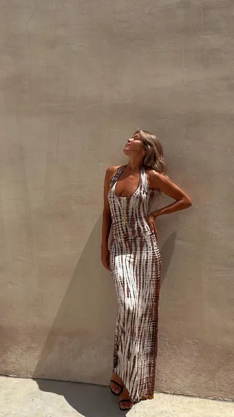 Chic Cross-Back Slim Fit Dress with Sexy Print