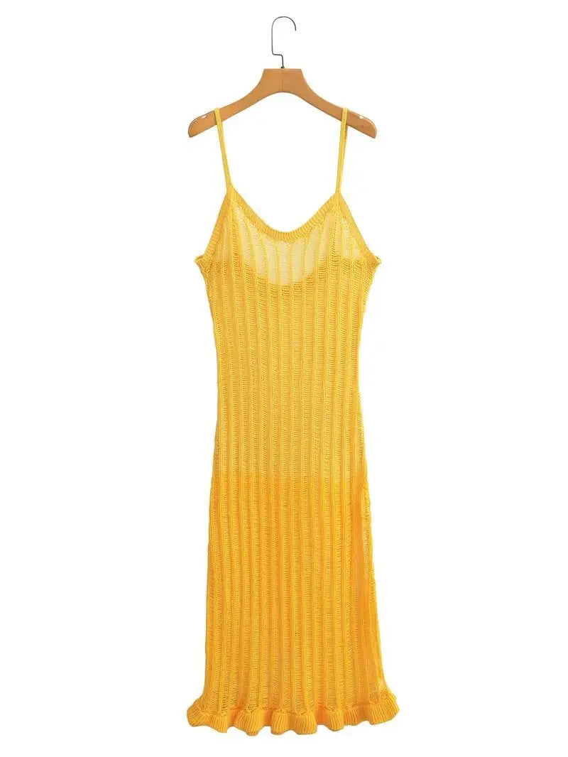 Women's Solid Color U Neck Knitted Beach Dress - Image 6