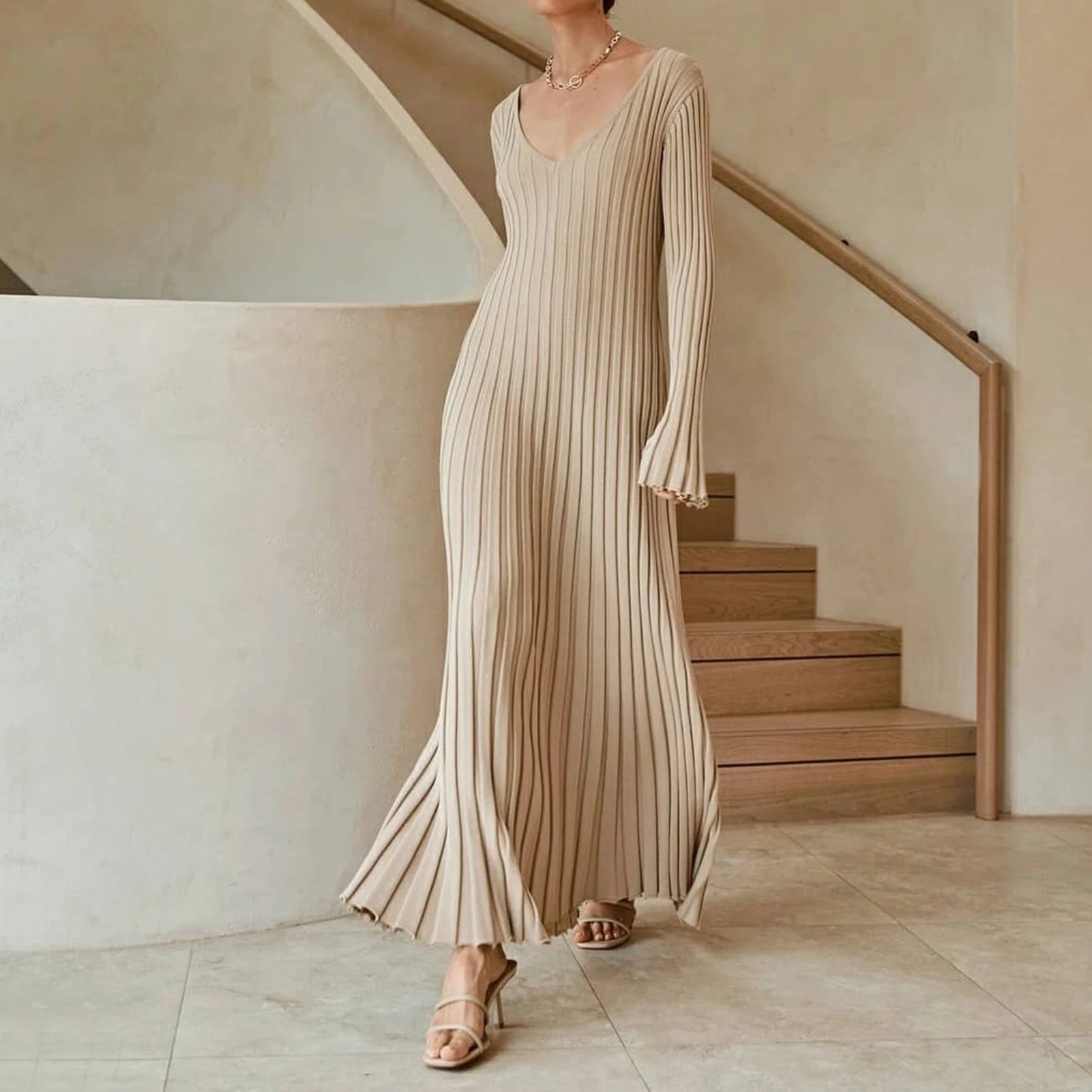Elegant V-Neck Long Sleeve Knit Dress for Women - Image 8