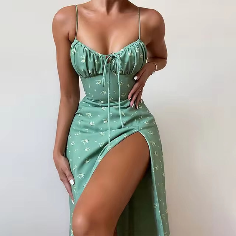 Women's Floral Pleated Lace-Up Split Strap Dress - Image 9