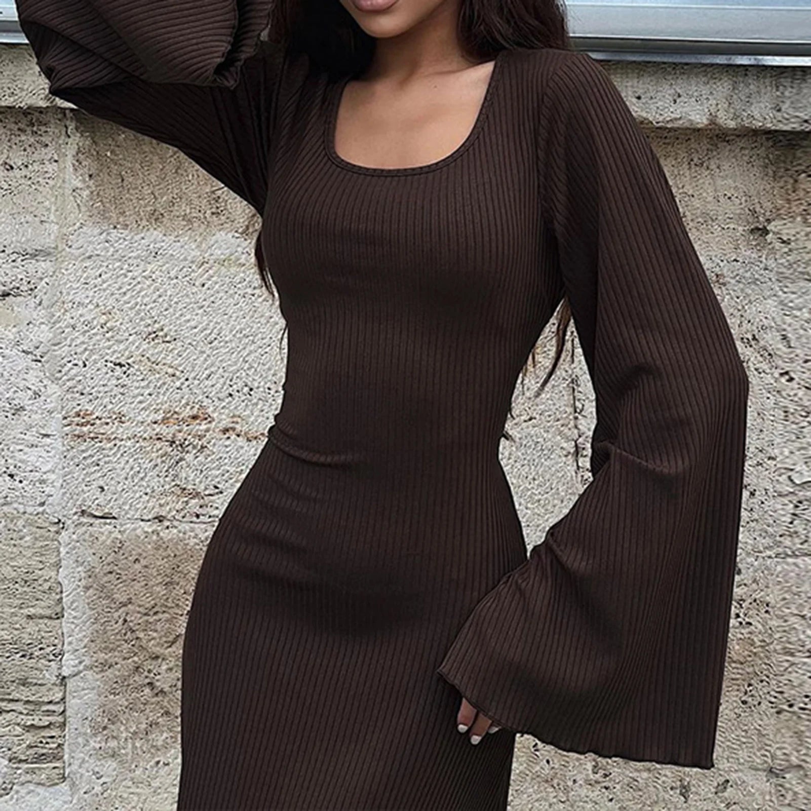 Elegant Gothic U-Neck Maxi Dress with Flare Sleeves - Image 4