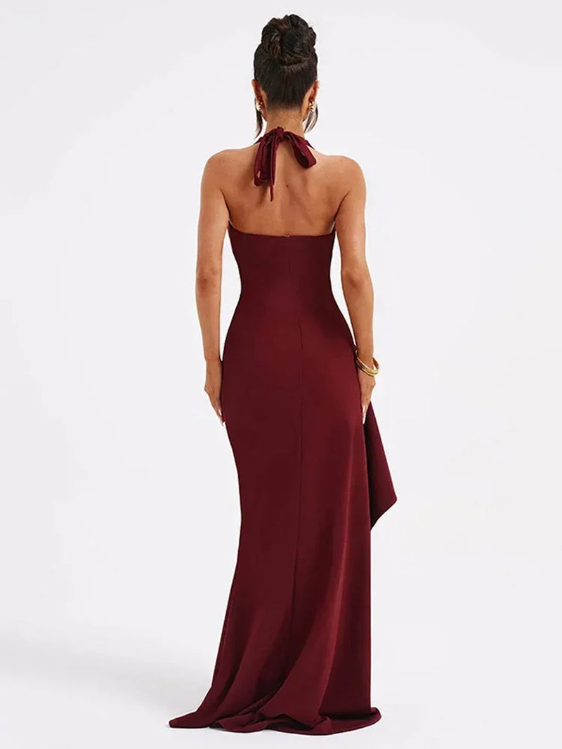 Elegant Off-Shoulder Deep V High Slit Halter Dress - Image 4