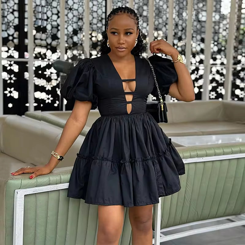 Fresh V-Neck Bubble Sleeve A-Line Dress for Women - Image 5