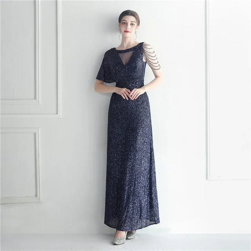Elegant Sheer V-Neck Asymmetrical Sleeve Maxi Dress - Image 8