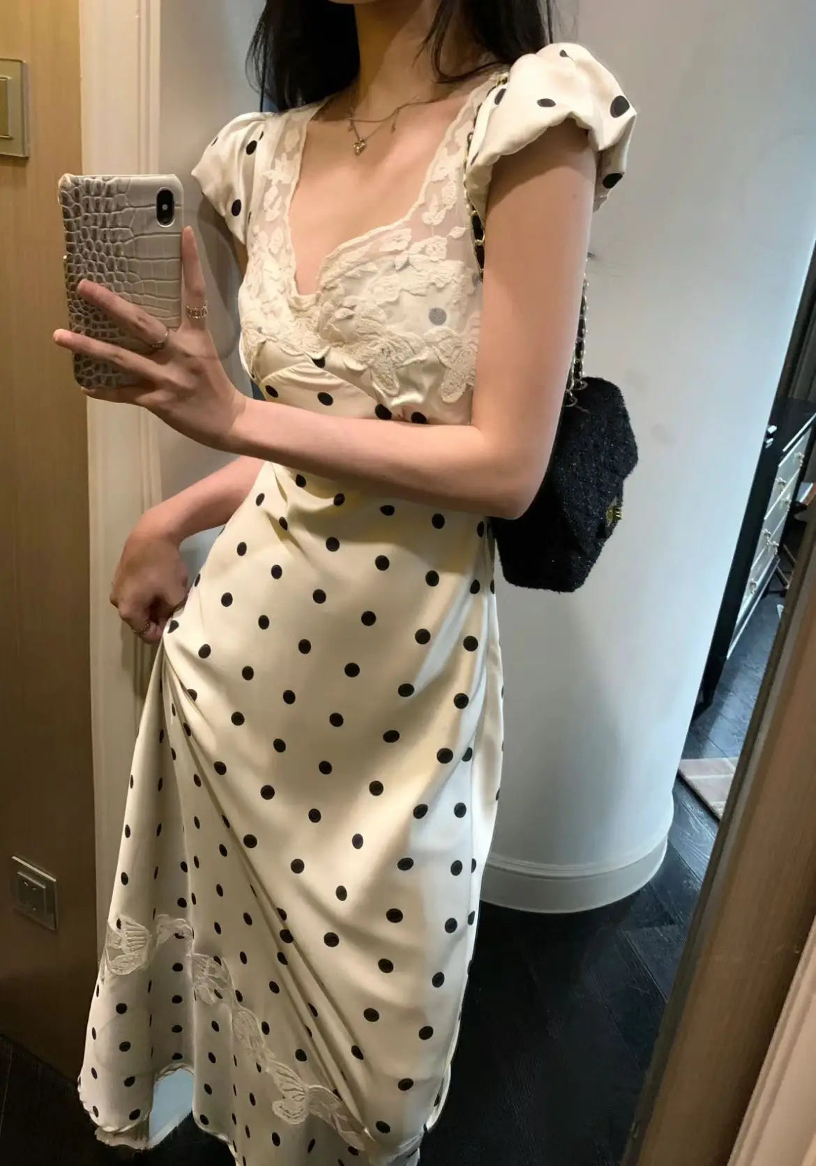 Elegant Backless V Neck Lace Dot Print Maxi Dress - Image 7