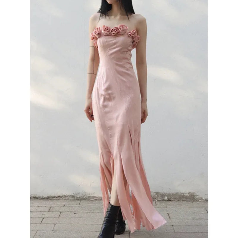 Three-Dimensional Rose Tube Dress with Irregular Ribbons
