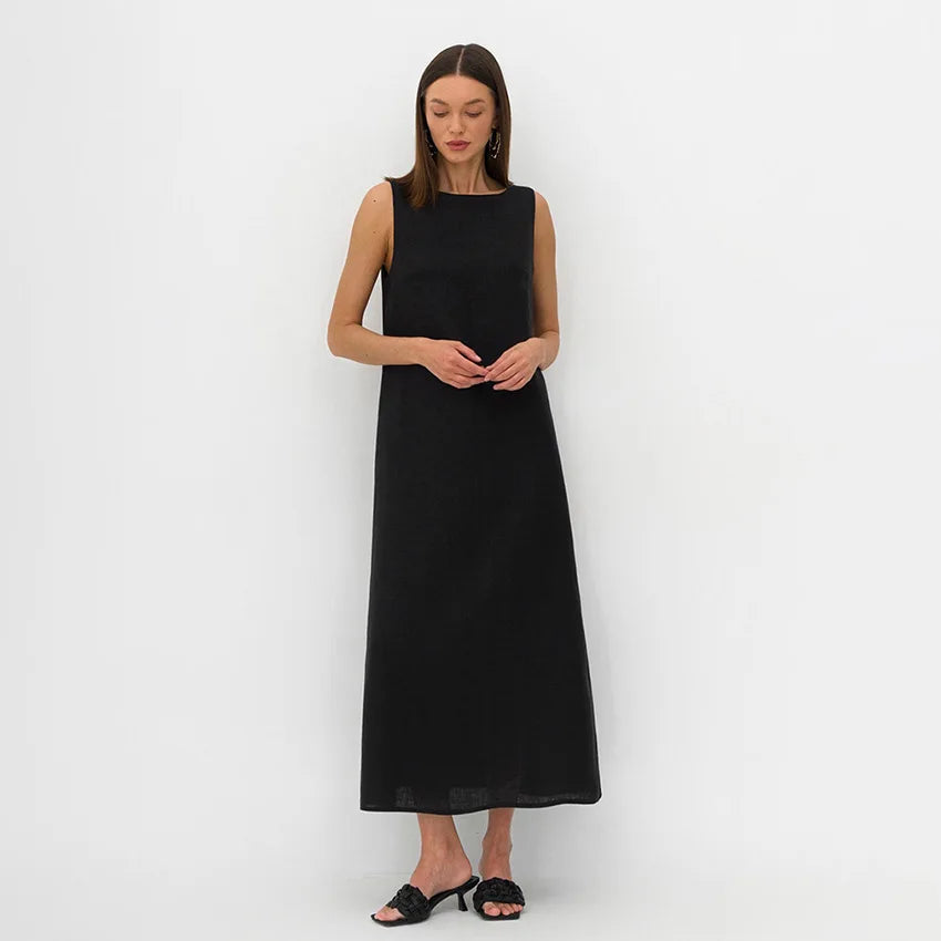French Minimalist Cotton Linen Sleeveless Summer Vest Dress - Image 4